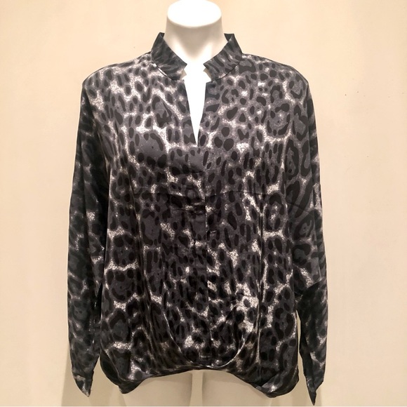 Patrizia Luca Milano Animal Print Notch V Neck Hi Low Blouse, L NWT - Picture 2 of 9